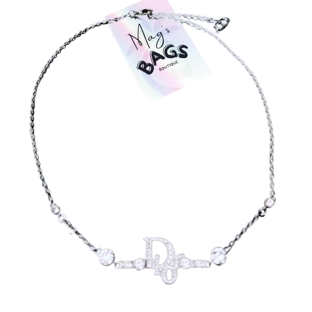 Dior: Crystal Logo Bar Rhinestone Silver Necklace - Picture 16 of 16